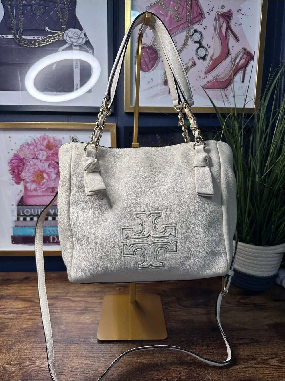 Tory Burch Harper Leather Satchel Ivory Cream Crossbody Bag